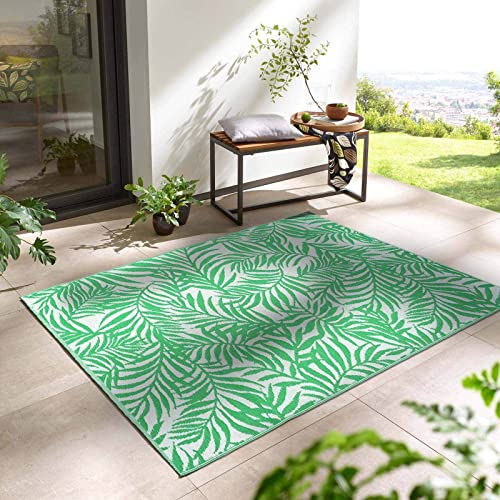 Taracarpet Outdoor Kurzflor Teppich Santa Monica wetterfest, wasserfest, rechteckig, Höhe: 3 mm, Balkon Garten Terrasse Camping Wintergarten hellgrün Palme 160x230 cm