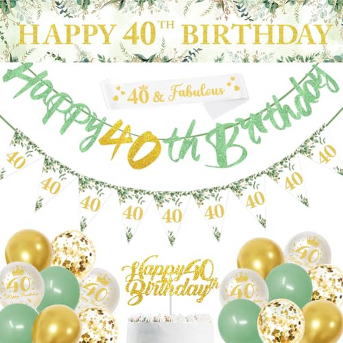 DEARLIVES Sage Green 40th Birthday Party Decorations: Banner, Triangle Flag, Confetti Balloons & More