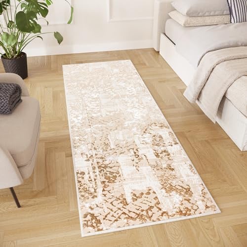 TAPISO Crystal Läufer Teppich Glänzend Beige Creme Braun Abstrakt Muster Flecken Wohnzimmer Schlafzimmer Flur Korridor Modern Design ÖKO-TEX 120 x 100 cm