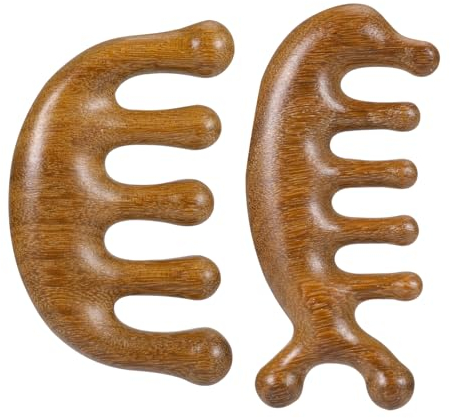 Newofview 2 Stück Massagekamm aus Holz mit breitem Zahn,Kopfmassage Holz Massage Kamm,runder Zahnkamm Ermüdung lindert Akupunktmassagegerät Gua Sha Massagewerkzeug