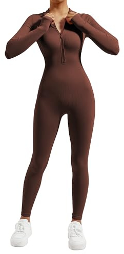 DOULAFASS Reißverschluss Full Body Jumpsuit Damen Langarm Yoga Einteiler Sport Romper Gerippte All In One Bodycon Jumpsuit