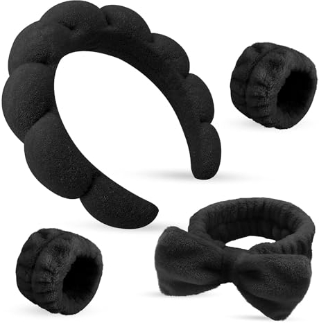 Stirnbänder, Stirnband Handgelenk Waschband Set, Handgelenkbänder, Haarband Schminken, abschmink haarband, für Mädchen zum Waschen des Gesichts, zum Schminken und zur Hautpflege (schwarz)