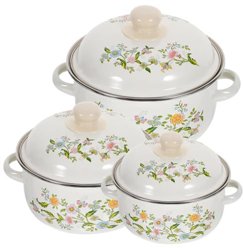 Luxshiny Emaille-Topf-Set 3-Teilig Für Die Küche Emaille-Suppentopf Mit Deckel Retro-Kochtopf Mit Blumenmuster Tiefer -Suppentopf Für Das Restaurant Zu Hause
