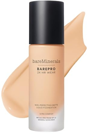 bareMinerals BAREPRO 24H Matte Flüssige Mineral-Foundation SPF 20, 30ml | Atmungsaktive Formel verbessert das Hautbild und bietet unsichtbare, volle Deckkraft mit natürlichem mattem Finish.
