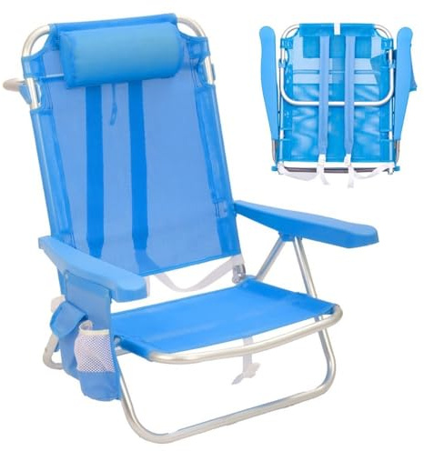 LOLAhome Silla Playa Plegable Mochila con Cojín y Reclinable, Azul | Abatible 4 posiciones, Ligera de Aluminio. Respaldo-asiento textileno transpirable. De 61 x 47 x 80 cm. Tubo de 22 mm.