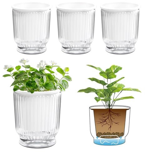 T4U Lot de 4 pots de fleurs à arrosage automatique de 12,2 cm, pots de fleurs à auto-arrosage avec réservoir, petits pots à auto-arrosage pour plantes d'intérieur (violettes africaines, transparent)