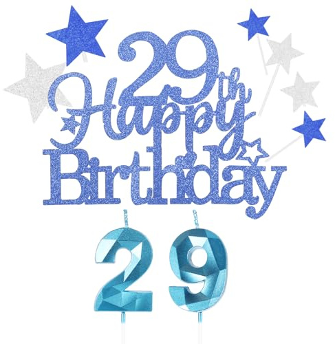 Tortenaufsatz-Set zum 29. Geburtstag, Motiv: blaue Zahl 29, Kerzen, Stern-Cupcake-Topper und mehr, 9 Stück