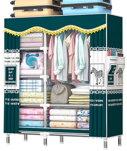 YHYLCL Kleiderschrank aus Stoff und Metallrohr für Kleidung, Organizer, Hängegarderobe, tragbarer Kleiderschrank mit 5 Regalen, Hängestange und Seitentasche für Schlafzimmer (Farbe: B, Größe: 105