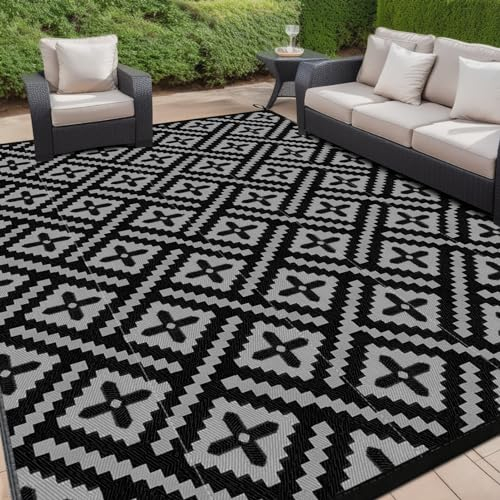 Momooda Outdoor Teppich Geometrie Plastikstroh, Anti-UV-Schutz, Umkehrbarer Terrassenteppich Waschbar, Wasserdichter Camping Garten Outdoor Teppich für Balkon, Wohnmobil, Schwarz grau, 274x365cm