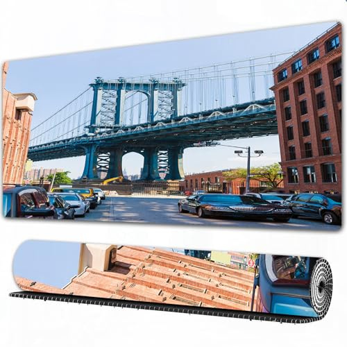 EOMKSE Grand Tapis de Souris de Jeu,Brooklyn New York USA Landmark Bridge Street avec Voitures Photo,avec Bords surpiqués et Dos antidérapant,sous-Main pour Clavier et Souris,40x75 cm