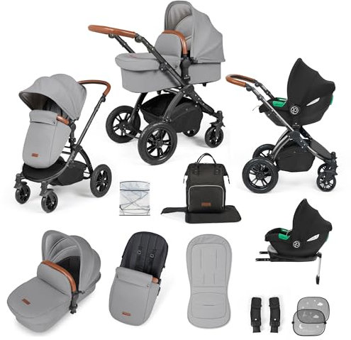 Ickle Bubba Stomp Luxe 12pc Travel System with i-Size Cirrus Car Seat & ISOFIX Base – All-Terrain Pram, Reversible Seat, Carrycot, UPF 50+ Hood, Rain Cover & Accessories (Black/Pearl Grey/Tan)