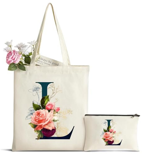 Personalisiert Initialen Tragetasche Canvas mit Innentasche, Kosmetiktasche mit Reißver, Baumwolltasche, Einkaufsbeutel Tote Bag, Geburtstag Weihnachten Geschenk für Frau Freundin Mama Brautjungfer L