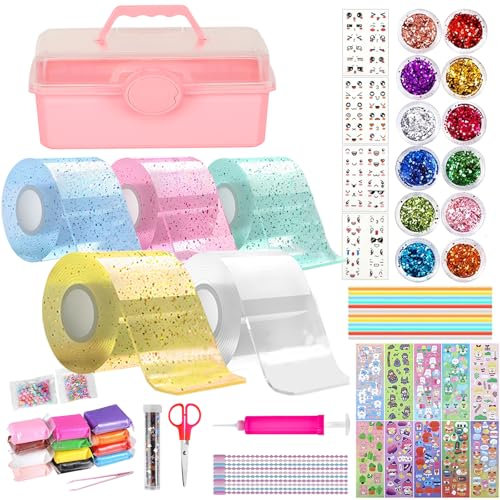 POSAME Nano Tape Bubble Kit for Kids, 70Pcs Nano Tape Squishy Kit DIY Plastic Bubbles with Storage Box, Nano Double Sided Super Elastic Balloons, Nano Tape for Blowing, Fidget Toys for Boys and Girls