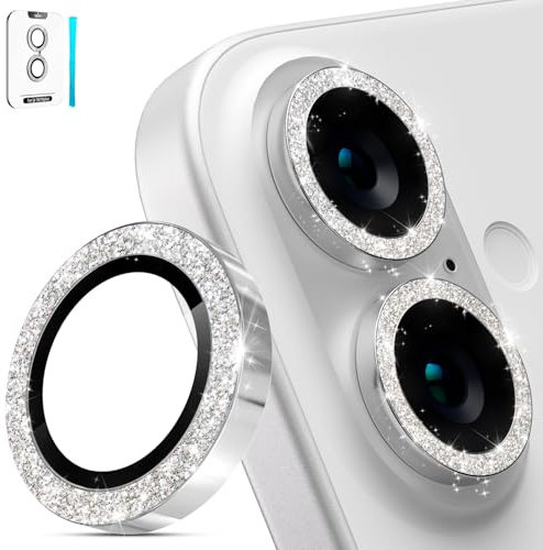 imluckies Glitter Camera Lens Protector for iPhone 16 / iPhone 16 Plus, AR+AF Tempered Glass, 9H Ultra-Tough Metal Individual Lens Cover, HD Clear Camera Accessories, Bling Silver