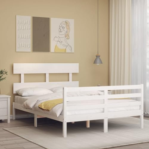 Sufrk Massivholzbett mit Kopfteil Bettgestell Bed Frame Holzbett Kopfteil Bett Schlafzimmer Bett Massivholzbetten Weiß 120x200 cm - 3195087