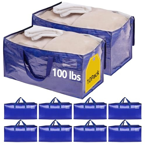 Demiwise Robuste Umzugstaschen mit starken Reißverschlüssen und verstärkten Griffen, extra große Aufbewahrungsbeutel zum Verpacken und Umzug, Alternative zu Umzugskartons, platzsparend, 95 l, Blau, 10
