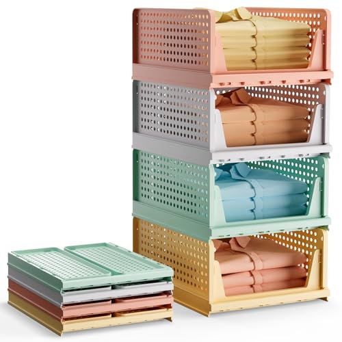 BTGGG 4 Pack Mix-Color Wardrobe Storage Organiser, Stackable Storage Drawers for Wardrobe, Plastic Clothing Closet Organiser Foldable Boxes Baskets Shelves for Cabinet Pantry Laundry Organisation