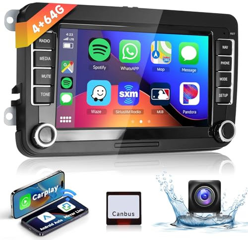 4G&64G 7 Autoradio Bluetooth Für VW Golf 5 6 Polo Passat Skoda Touran Tiguan Seat Wireless Carplay Android Auto,WiFi GPS Navi HiFi RDS/FM Radio 2 din mit AHD Rückfahrkamera/DVR/Canbus