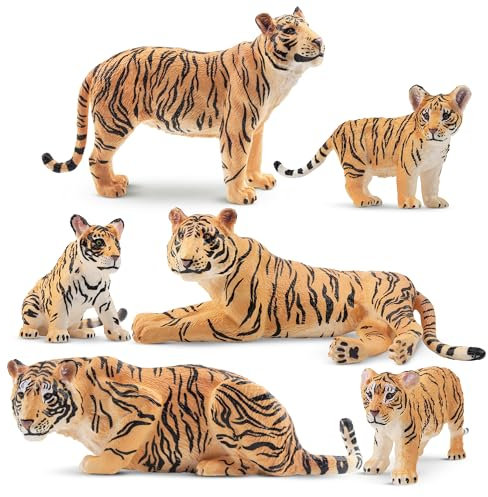 TOYMANY 6 Stück Tiger Tiere-Figuren mit Tigerjungen, Dschungeltierfiguren Spielzeugfiguren, Familienset mit Baby-Tigern Spielset, Kuchen Topper Ornamente