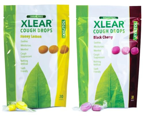 Xlear Xylitol Zuckerfreie Bonbons Hustenbonbons, Lutschtabletten gegen Halsschmerzen, Nicht-GMO, Glutenfrei, Natürlicher Schwarzkirsche- & Honig-Zitronen-Geschmack, 2er-Pack (je 30 Stück)