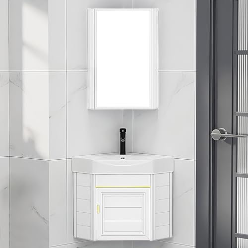 Mueble de baño de esquina con fregadero de cerámica y espejo, montado en la pared para espacios pequeños, 43 cm