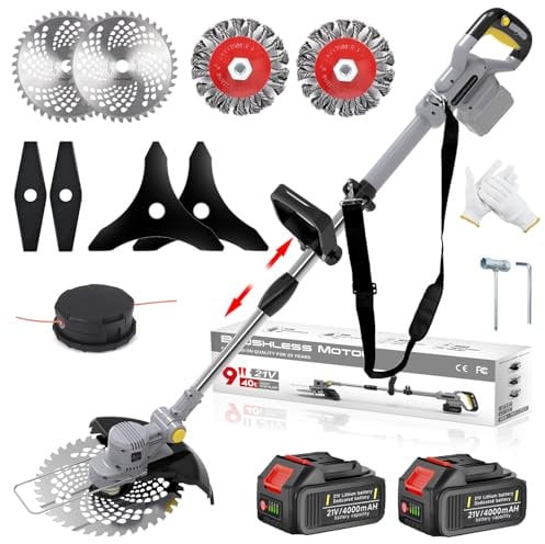 Tagliabordi a Batteria 21V, Decespugliatore a Batteria 4 In 1 con Spazzola per Erbacce e 2 Batterie 4,0 Ah Brushless Tagliaerba Elettrico per Rifinire Giardini, Prati e Arbusti (Grigio)
