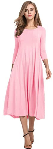 HOTOUCH Dress Women Midi Ladies Dresses Elegant Round Neck Casual 3/4 Sleeve A Line Classic Mididress with Pockets Maxi Party Fall Pink S