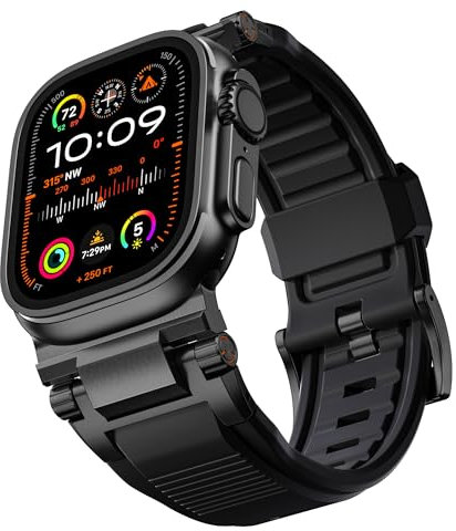 Bandletic R-Steel Correa Compatible con Apple Watch Ultra 2/Ultra 49mm, Series 10 46mm 9/8/7 45mm SE2/6/SE/5/4 44mm 3/2/1 42mm, Robusta Pulsera Repuesto FKM con Diseño Elegante Conector Metálico,Negro