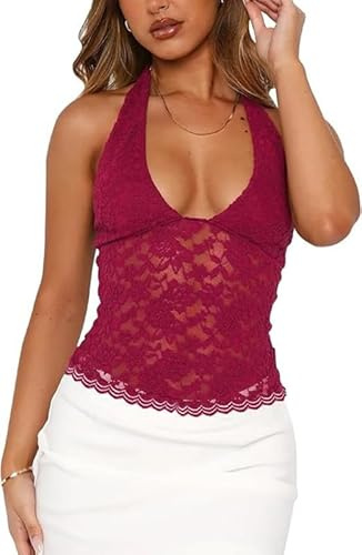 Sukiglam Canotte Donna Elegante Halter Top in Pizzo Estiva Senza Maniche con Scollo a V Canotta Corto Sexy Slim Fit Canottiera Y2K Gilet Schiena Scoperta Crop Tops per Party Discoteca Outfit