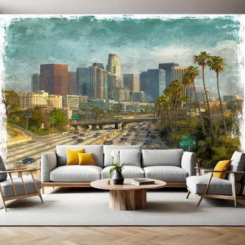 Retro Fototapete 3D Effekt Architekturlandschaft von Los Angeles Gedrucktes Wandbilder Wohnzimmer Schlafzimmer Wandtapete Vlies Tapete, Bar, KTV, TV Hintergrund Wanddekoration 250 x 180 cm