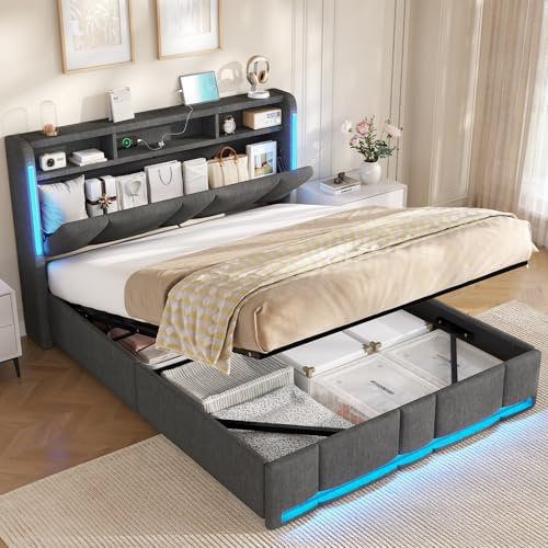 AOGLLATI Lit Coffre Hydraulique 140x190 avec Éclairage LED & Prise,Tête de lit capitonné avec Étagères Ouvertes et Rangement Caché, Lit 2 Personnes avec Sommier à Lattes, Lin Gris Foncé(sans Matelas)
