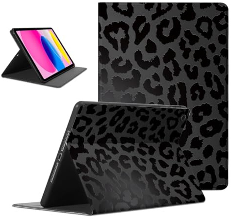 Coalbooliy Coque pour Apple iPad (2022) 10.9, Aesthetic Léopard Motif Design Filles Femmes Housse de Protection Léger avec Support Fonction Ultra-Mince PU Tablet Case Étui à Rabat, Noir