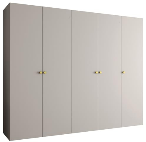 MEBLE KRYSPOL - Kleiderschrank - Garderobenschrank - 250 cm x 202 x 52 cm - Schrank mit Kleiderstange, 5 Türen - für Schlafzimmer, Flur - Parma, Kaschmir, Griff Gold