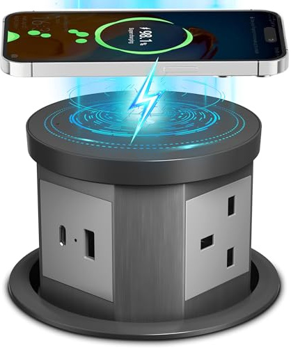 Pop Up Socket for Worktop, Push Up Hidden Socket with Wireless Charger | Automatic Pop Up Socket for Worktop, 3 AC Outlets, USB-A, USB-C & 15W Wireless Charger, Hidden Power Solution