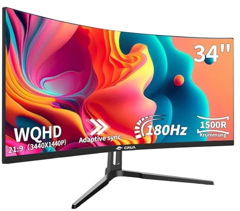 CRUA 34 Inch Curved Gaming Monitor, 21:9 WQHD 3440x1440 165/180Hz 1500R Ultrawide Computer Monitor Support Freesync,PBP, HDMI 2.0 & DP 1.4, Wall Mountable/Tilt Adjustable-Black