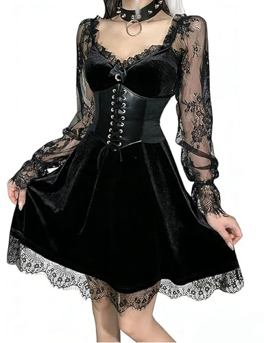 DINGJIUYAN Gothic Velvet Dress Lace Long Sleeve Dress with Corset Waist | Faux Leather Corset,Sheer Lace Design,Lolita Harajuku Vintage Alternative Goth Party Outfit for Halloween,Cosplay,Night Out