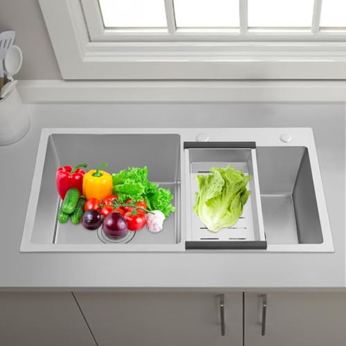 78 x 43 cm Stainless Steel Kitchen Sink, 2.0 Double Bowl Inset Drop in Installation, Undermount Sink with Drainer Waste for Kitchen Utility Room Bar