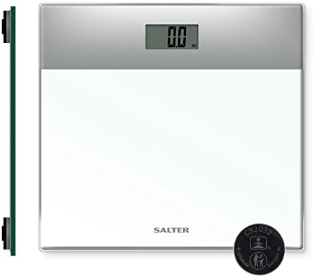 Salter 9206 SVWH3R Elektronische Personenwaage - digitale Körperwaage mit Glasplattform, Körperfettwaage mit Step-on-Technologie, 180 KG Kapazität, großes LCD-Display, Einfachen Aufbewahrung, Weiß