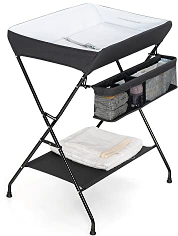 Costzon Changing Table, Portable Baby Changing Table Foldable Diaper Changing Station with Safety Belt, Large Storage Rack & Shelf, Nursery Organizer for Newborn Infant (Black)