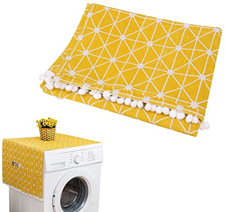 TOPINCN Fridge Dust Cover Multi-Purpose Washing Machine Cotton Linen Top Cover With Side Storage Pockets-Yellow White Stripes(55 X 130Cm)