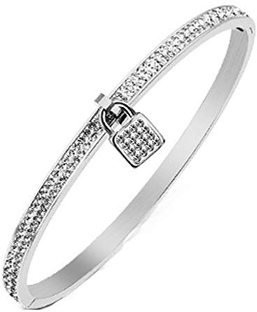 DOLOVE Edelstahl Armband Damen Charms Mit Schloss Anhänger Zirkonia 4.5 MM Wickel Armband Silber Freundschaftsarmband