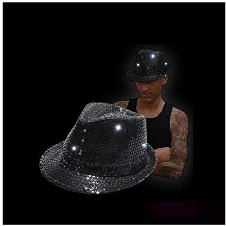 BLINXS LED Paillettenhut/Disco-Hut Form Tribly - schwarz - mit acht LEDs - Weiss Leuchtend für Erwachsene/Unisex - mit wechselbaren Batterien