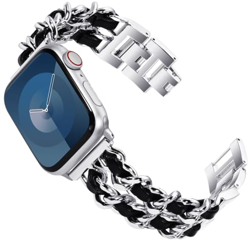 KADES Edelstahlarmband Kompatibel mit Apple Watch Armband 42mm(Series 10) 41mm 40mm 38mm,Damen Metall Gliederarmband Ersatzarmbänder für iWatch SE Series 10/9/8/7/6/5/4/3/2/1, Silber/Schwarz