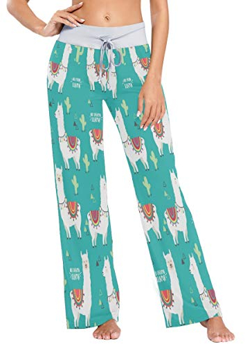 MNSRUU Weiße Llama-Alpaka-Kaktus-Pyjama-Hose für Damen, legere Stretch-Hose, weites Bein Gr. Large, mehrfarbig