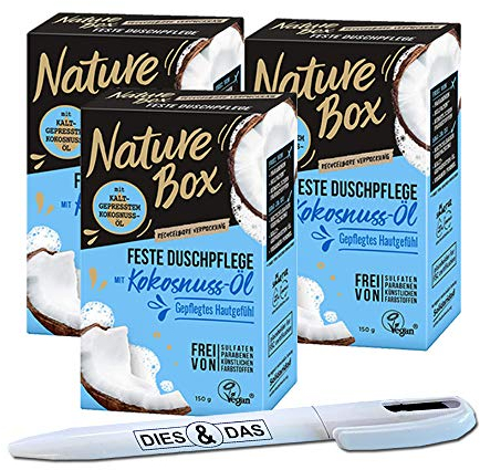 3x Nature Box Feste Duschpflege mit Kokosnuss-Öl 150g + DIES&DAS Kugelschreiber im Wert von 2,90