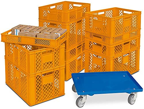 BRB 11 Eurobehälter / Stapelkörbe in 4 Höhen, PE-HD, orange, LxB 600x400 mm, H 90 mm/150 mm/240 mm/320 mm, inkl. Transportroller