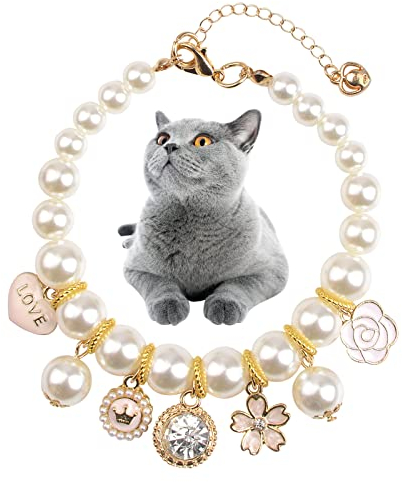 HACRAHO Pet Pearl Collar, 1 Pack Hund Perlen Halskette Halsband Verstellbare Perle Hund Halskette mit Strass Anhänger für kleine Hunde Katzen Welpen Kätzchen, S