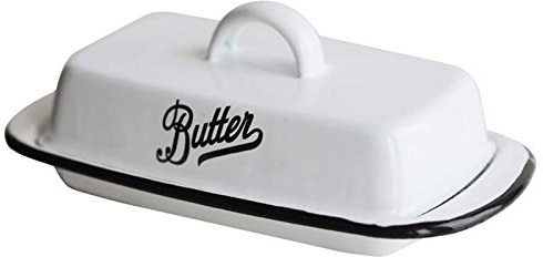 Beurriers Plat d'émail de beurre, boîte de rangement au fromage de beurre de ménage, plateau de dessert avec couvercle, accessoires de cuisine traditionnels (blanc/vert) Beurriers Conteneur de Beurr