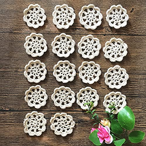 MINDPLUS 18 Stück Mini Vintage Handhäkeldeckchen Blumen 5cm Rund Beige Baumwolle Kleine Handgehäkelte Blütenblätter Spitzendeckchen Guipure Spitzen Applikation Kleiderkragen DIY für Basteln