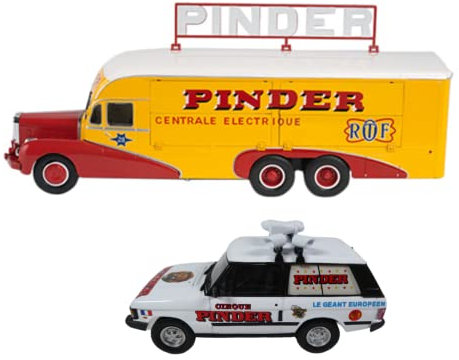 OPO 10 - Lotto di 2 Veicoli in Scala 1:43 del Circo Pinder: Camion Centrale elettrica Bernard 28 + Range Rover 4x4 - DK01+Range